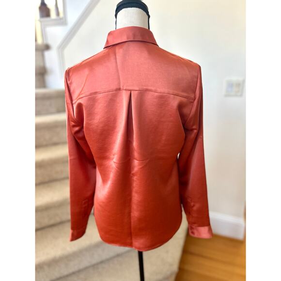 Express Portofino Relaxed Burnt Orange Satin Button Down Blouse - Picture 4 of 7